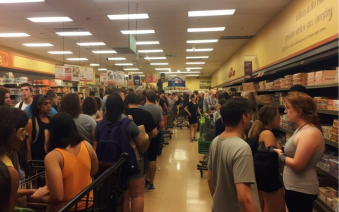 Clientes em fila dentro de um supermercado, aguardando atendimento. A fila se estende ao longo do corredor com prateleiras de produtos ao lado. As pessoas parecem estar em espera, algumas estão olhando para frente, enquanto outras estão distraídas com seus telefones. O ambiente é fechado e iluminado artificialmente.