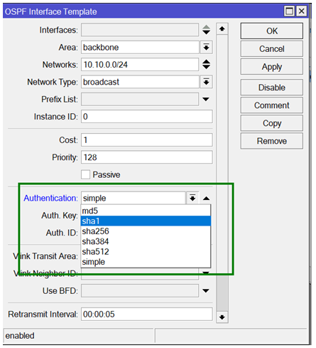Na tela do template de interface OSPF, estão configurados a área como 'backbone', a rede '10.10.0.0/24', e o tipo de rede 'broadcast'. A ID da instância é 0, o custo é 1, e a prioridade é 128, com a opção 'Passive' desmarcada. O foco é na seção de autenticação, destacada por uma caixa verde, com opções para 'simple', 'md5', 'sha1', 'sha256', 'sha384' e 'sha512', sugerindo diferentes métodos de autenticação de roteador. Existem campos adicionais para 'Auth. Key' e 'Auth. ID', ambos não preenchidos. Abaixo, opções para 'Vlink Transit Area', 'Vlink Neighbor ID', e 'Use BFD' estão disponíveis, com o campo 'Retransmit Interval' configurado para 00:00:05 e 'enabled' selecionado. Botões para 'OK', 'Cancel', 'Apply', 'Disable', 'Comment', 'Copy', e 'Remove' estão alinhados à direita.