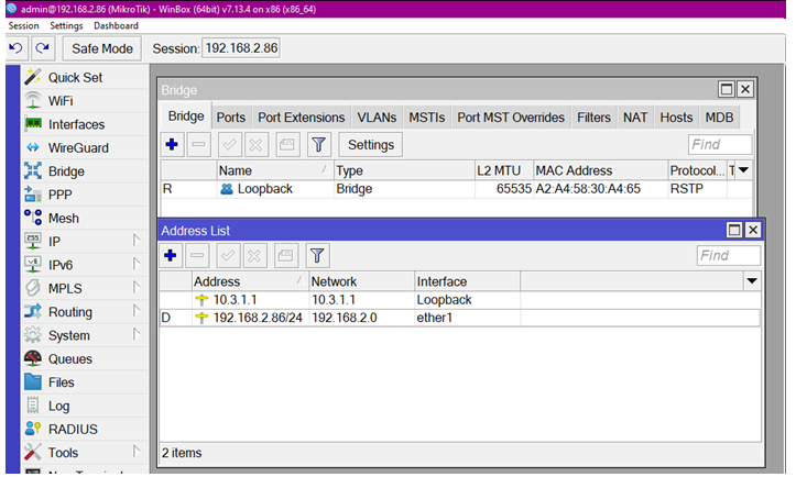 Uma captura de tela do MikroTik WinBox (v6.34) mostrando a interface de configuração de rede. Destaca-se a lista de endereços IP, com um endereço de Loopback configurado para 10.3.1.1 e um endereço dinâmico 192.168.2.86/24 atribuído à interface ether1. O menu lateral exibe várias opções de configuração, como Interfaces, IP, PPP, entre outras.
