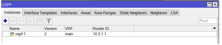 Uma captura de tela da aba OSPF do MikroTik RouterOS interface, mostrando uma instância OSPF configurada. O nome da instância é "ospf-1", com versão 2 do protocolo OSPF, a VRF (Virtual Routing and Forwarding) definida como 'main', e o Router ID configurado como 10.3.1.1. As abas "Interface Templates", "Interfaces", "Areas", "Area Ranges", "Static Neighbors", "Neighbors" e "LSA" estão disponíveis para mais configurações.
