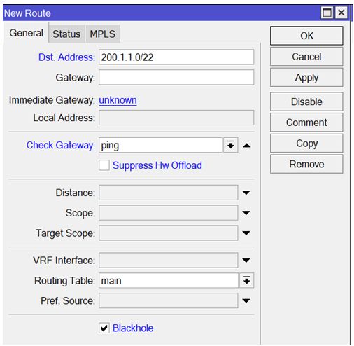 Uma janela de configuração de nova rota no software de gerenciamento de rede apresentando campos para definir o endereço de destino como '200.1.1.0/22', gateway como desconhecido, e a opção de verificar o gateway através de 'ping'. Outras opções incluem um botão de seleção para 'Suppress Hw Offload', campos vazios para Distância, Escopo, Escopo de Destino e Interface VRF. A tabela de roteamento está definida como 'main', e o campo Fonte de Preferência está em branco. A opção 'Blackhole' está marcada. À direita, botões para 'OK', 'Cancel', 'Apply', 'Disable', 'Comment', 'Copy' e 'Remove' estão disponíveis para interação.